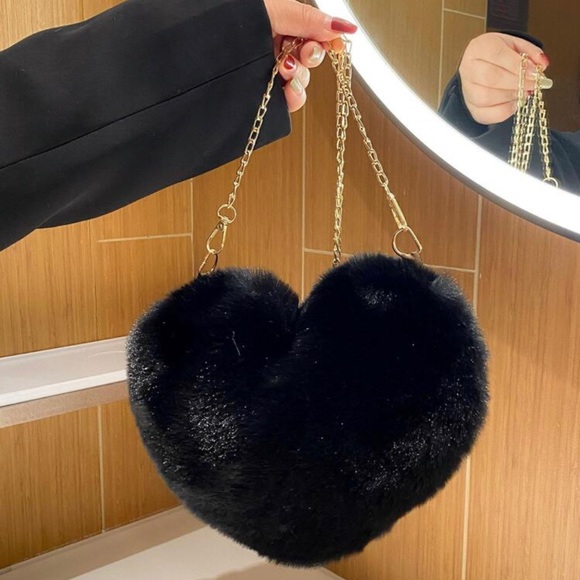 Handbags - Faux Fur Crossbody Heart Bag